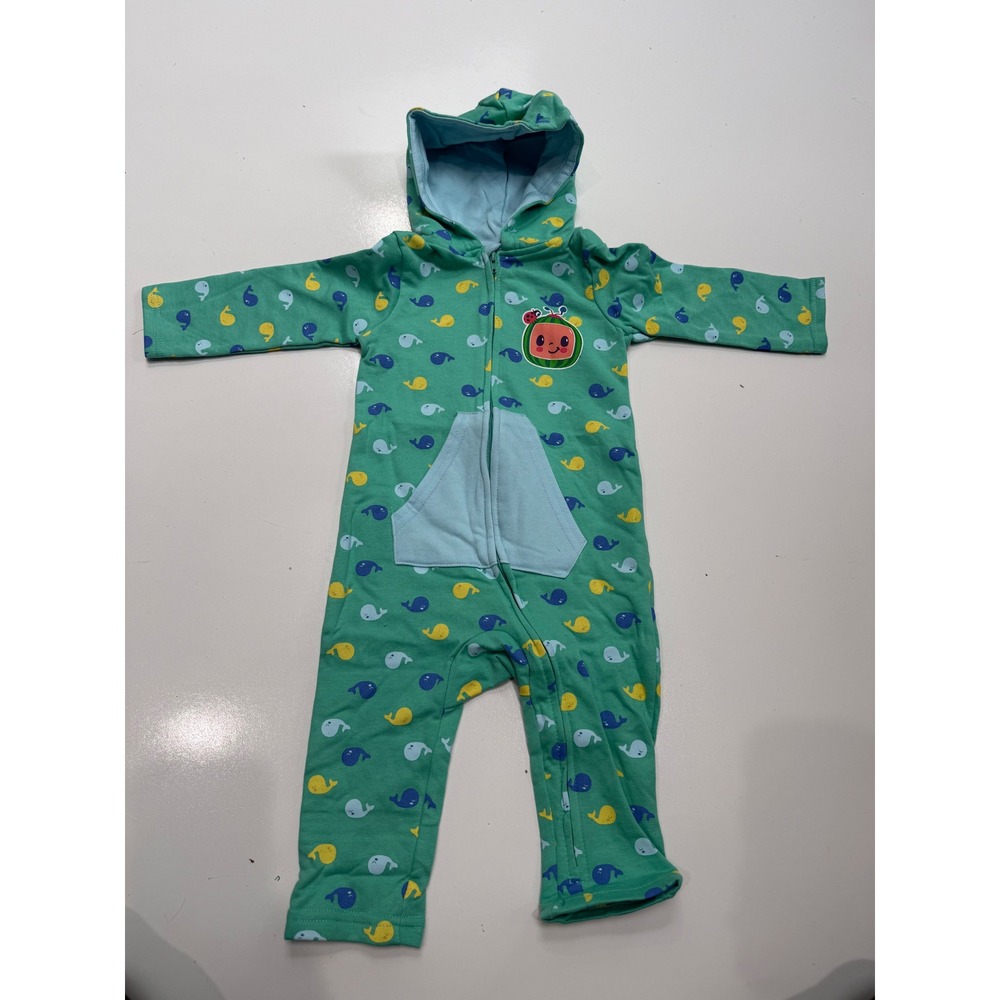 Cocomelon Green Whale Print Hooded Zip Up One Piece Sleeper 18 Months